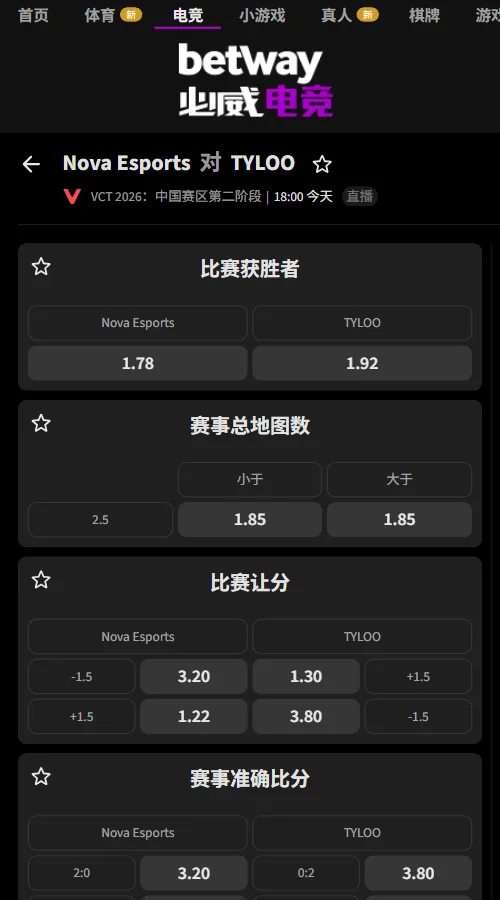 TYLOO vs NOVA - VCT CN2026第二阶段赔率信息必威(Betway)提供