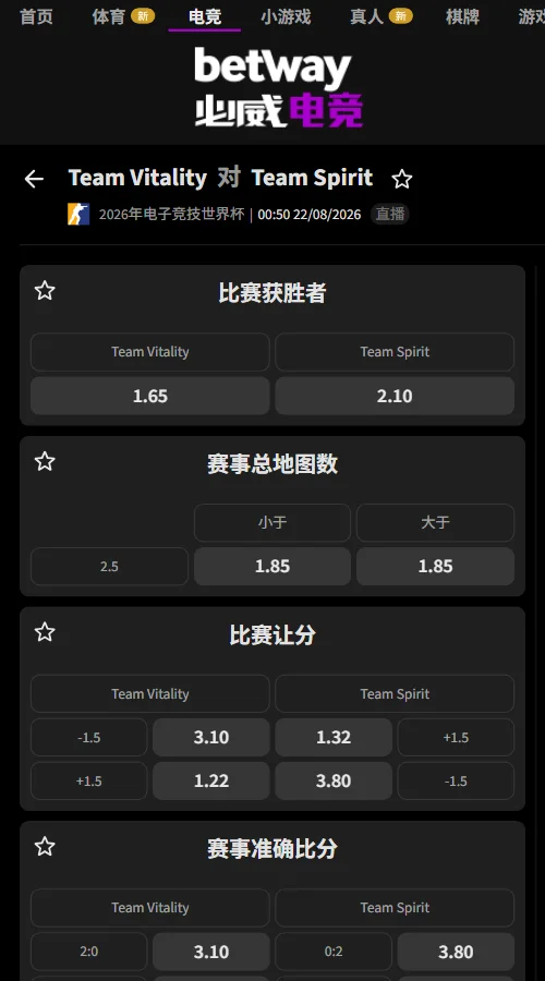 Vitality vs Spirit - EWC CS2电竞世俱杯赔率必威(Betway)提供