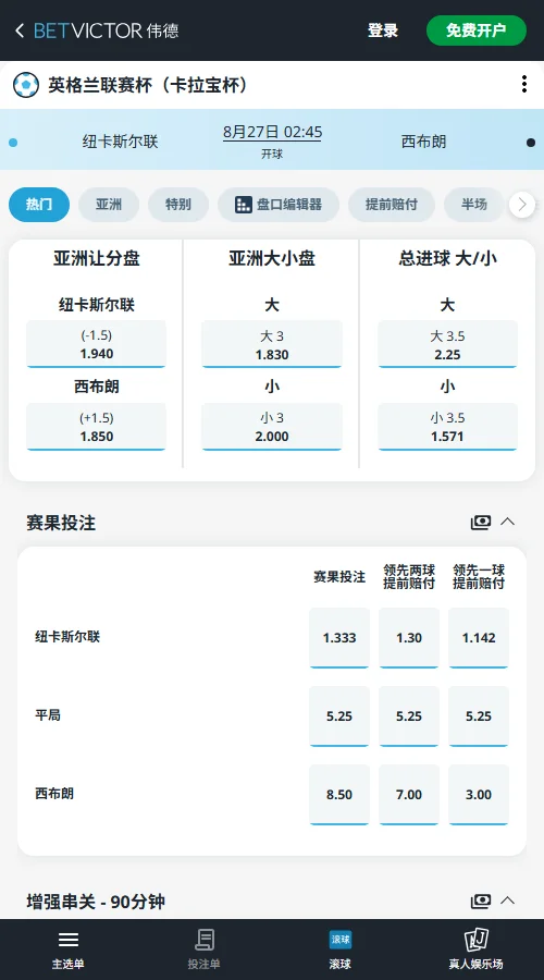 纽卡斯尔联 vs 西布罗姆维奇，英联杯赔率-伟德(BetVictor)提供