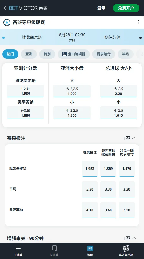塞尔塔vs奥萨苏纳,西甲赔率-伟德(BetVictor)提供