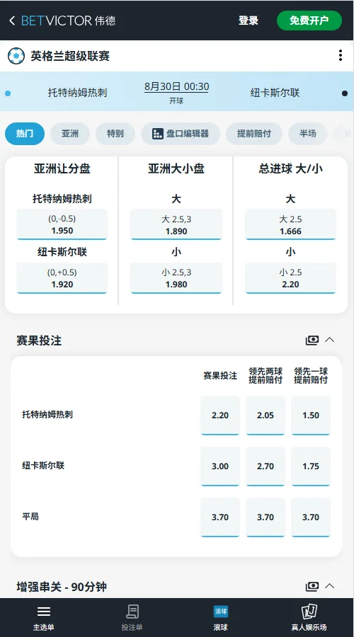 热刺vs纽卡，英超赔率-伟德(BetVictor)提供