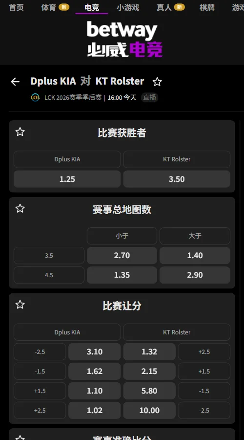 DK vs KT - 2026英雄联盟LCK - 赔率盘口信息必威(Betway)提供