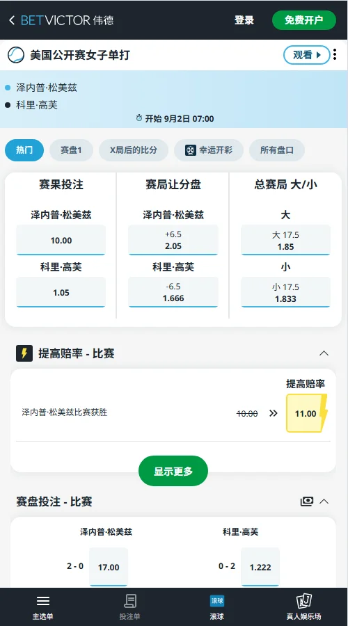 森梅兹 vs 高芙 - 美网女单赔率信息伟德(BetVictor)提供