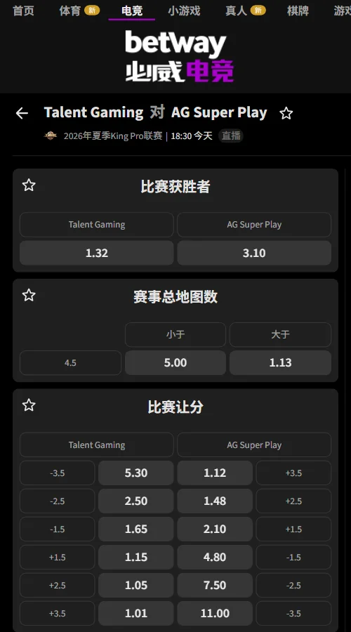 广州TTG - 成都AG超玩会 - 2026王者荣耀KPL夏季赛赔率(必威Betway)