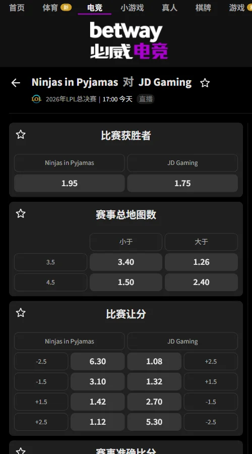 JDG vs NIP - 英雄联盟LPL赔率盘口(必威Betway)