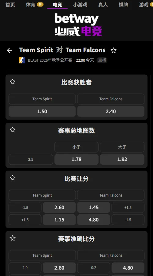 Spirit vs Falcons - BLAST公开赛波尔图赔率(必威Betway)