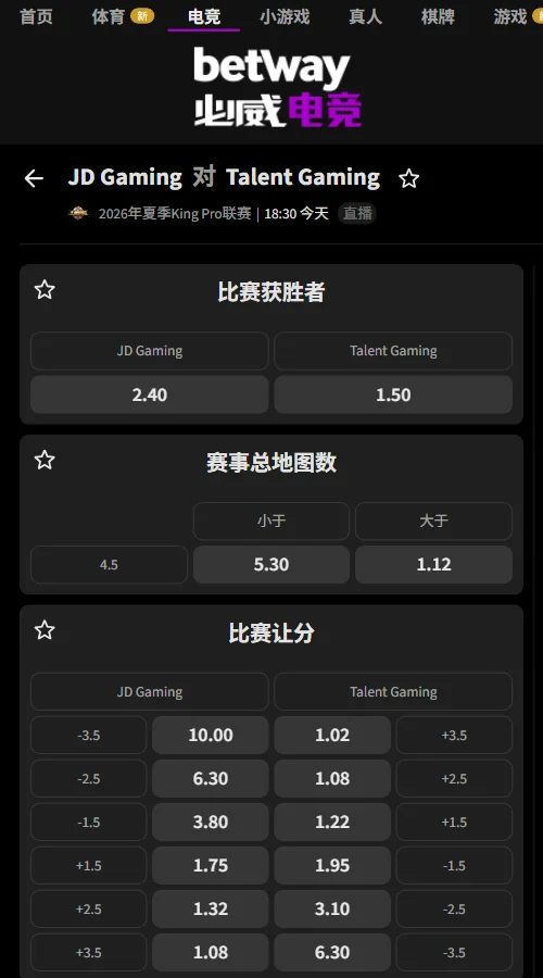 JDG vs TTG - 2026王者荣耀KPL赔率(必威Betway)