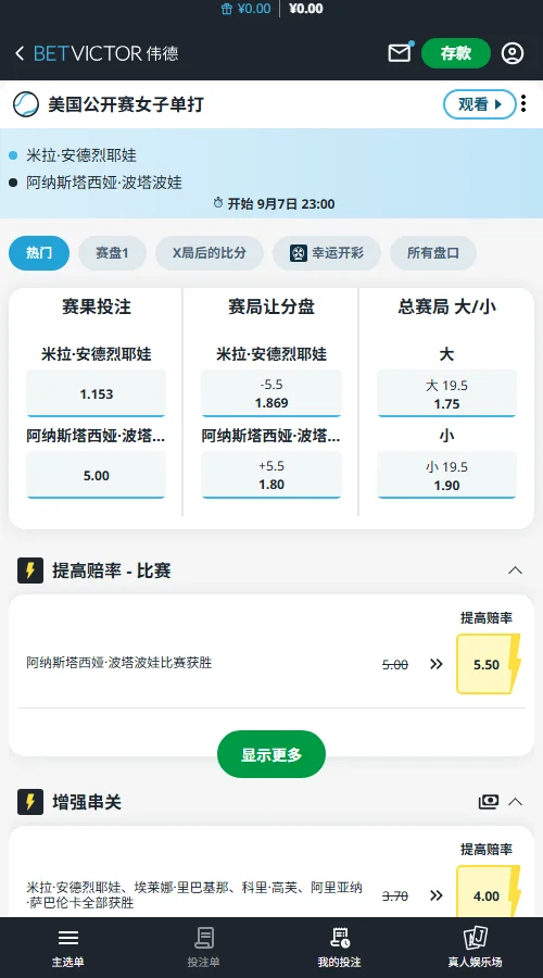 安德烈耶娃vs波塔波娃 - 美网女单赔率信息(伟德BetVictor)