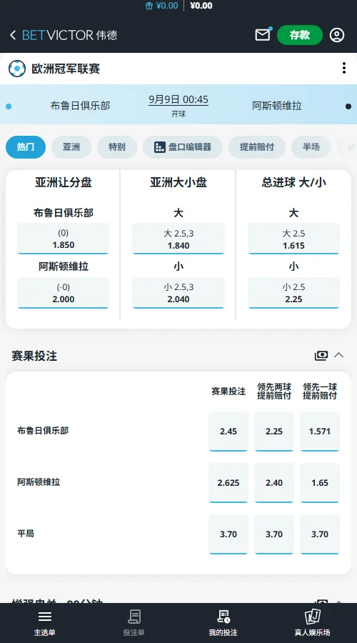 布鲁日vs阿斯顿维拉,欧冠赔率盘口(伟德BetVictor)