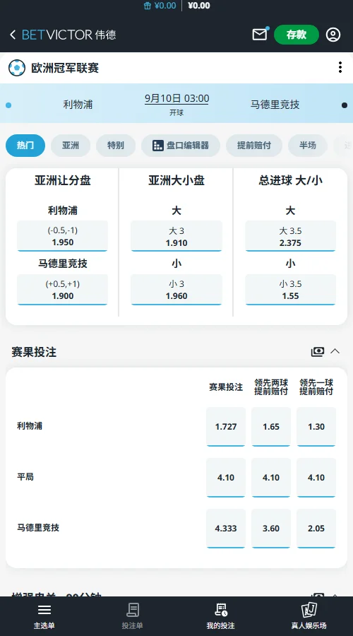 利物浦vs马德里竞技,欧冠赔率盘口(伟德BetVictor)