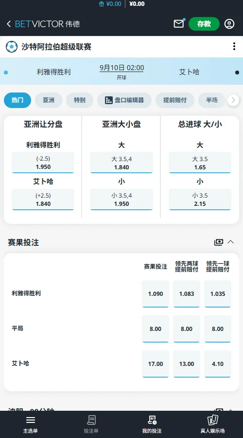 利雅得胜利vs艾卜哈，沙特超赔率(伟德BetVictor)