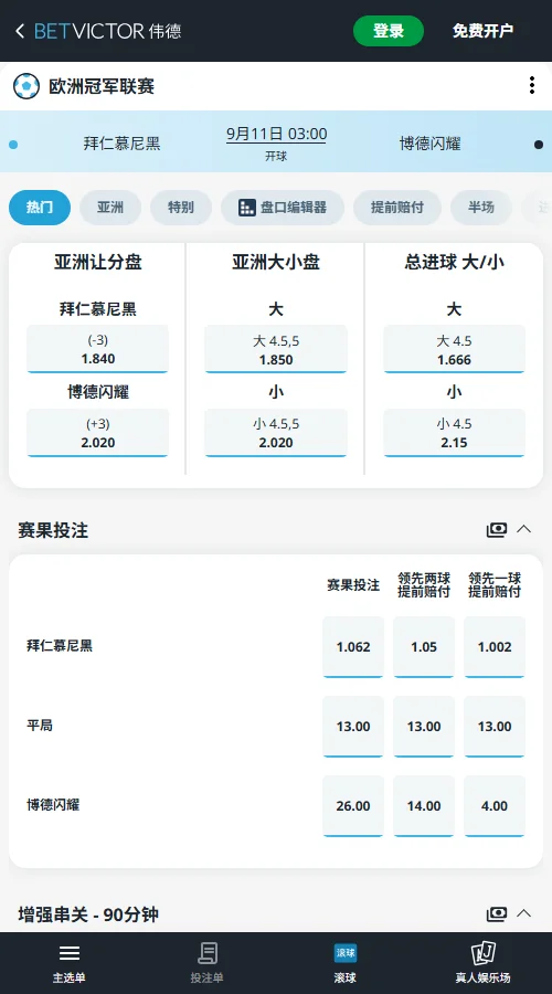 拜仁vs博德闪耀,欧冠赔率盘口(伟德BetVictor)