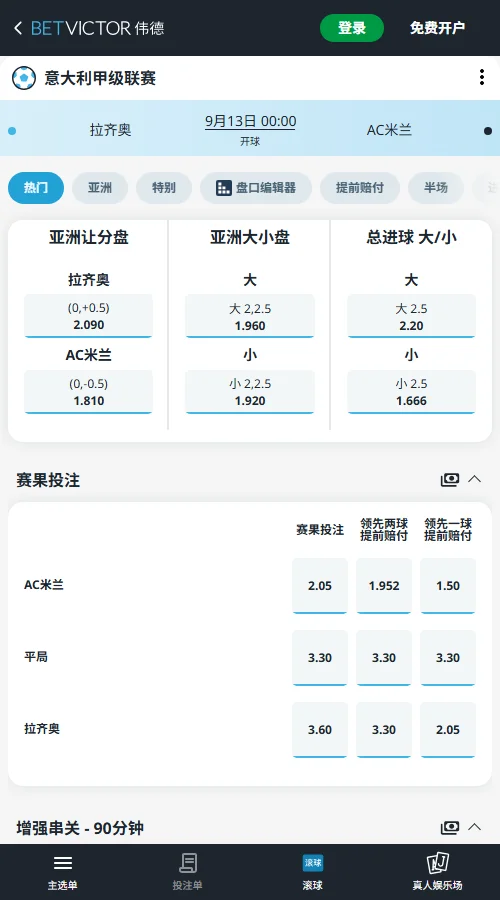 拉齐奥 vs AC米兰,意甲赔率数据(伟德BetVictor)