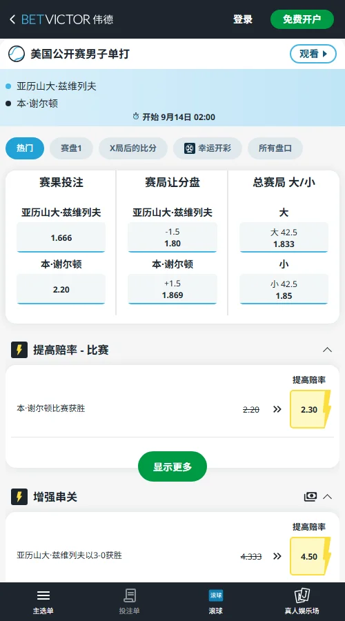 兹维列夫vs谢尔顿 - 美网男单决赛赔率(伟德BetVictor)