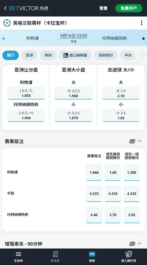 利物浦vs热刺，英联杯赔率(伟德BetVictor)