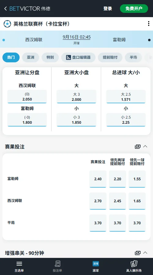 西汉姆联vs富勒姆,英联杯赔率(伟德BetVictor)