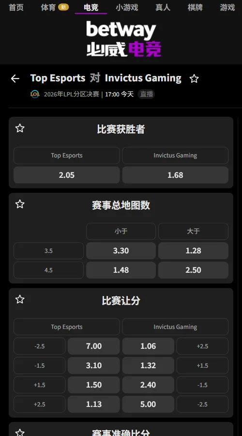 TES vs IG - 英雄联盟LPL赔率盘口(必威Betway)