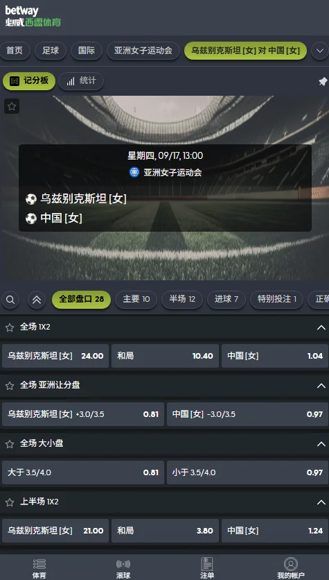 中国女足vs乌兹别克,亚运会女足赔率(必威Betway)