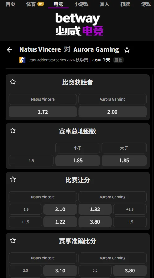 NAVI vs Aurora - StarLadder秋季赛赔率(必威Betway)