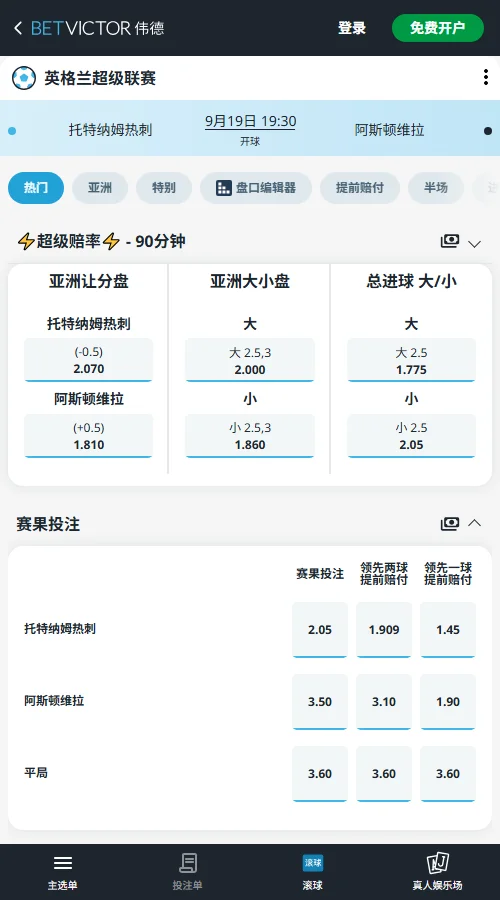 热刺vs阿斯顿维拉,英超赔率(伟德BetVictor)