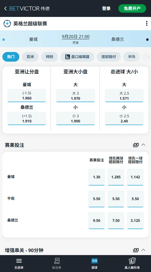 曼城vs桑德兰,英超赔率(伟德BetVictor)