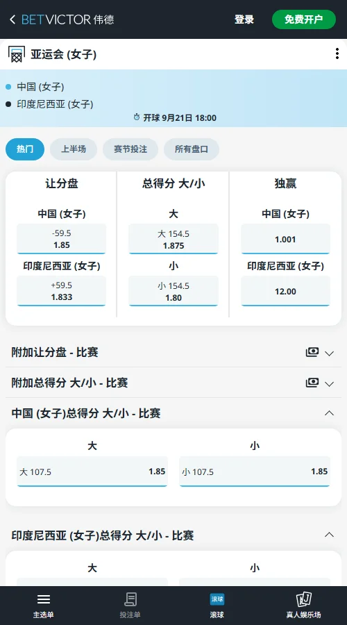 中国女篮VS印尼-亚运会女篮赔率盘口(伟德Betvictor)