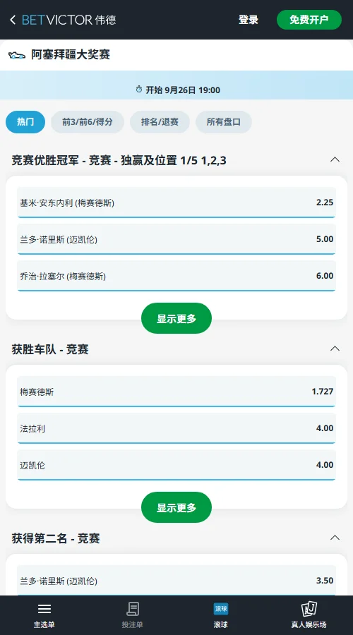 F1阿塞拜疆大奖赛赔率(伟德BetVictor)
