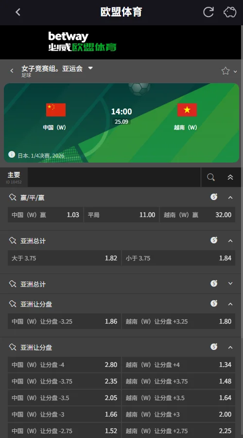 中国女足vs越南女足,亚运女足 1/4决赛赔率(伟德BetVictor)