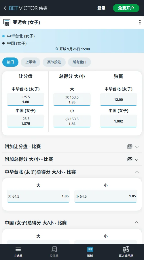 中国台北vs中国-亚运会女篮赔率盘口(伟德Betvictor)