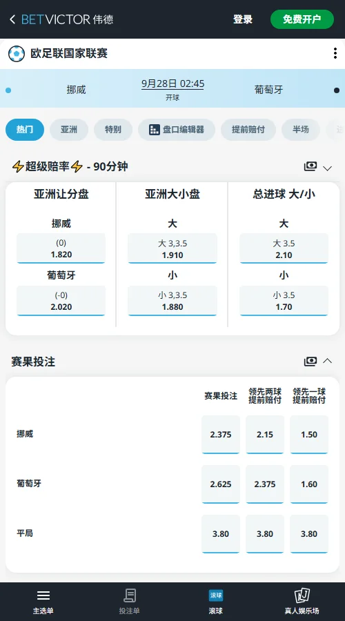 挪威vs葡萄牙,欧国联赔率(伟德BetVictor)