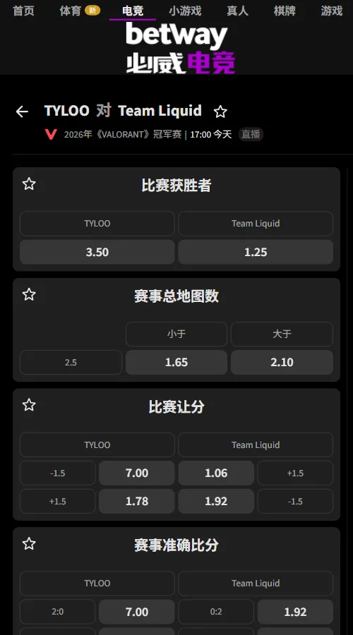 TYL v TL - 2026无畏契约上海全球冠军赛赔率(必威Betway)