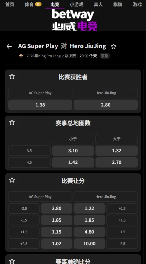 成都AG超玩会vs南通Hero久竞 - KPL年度总决赛赔率(必威Betway)