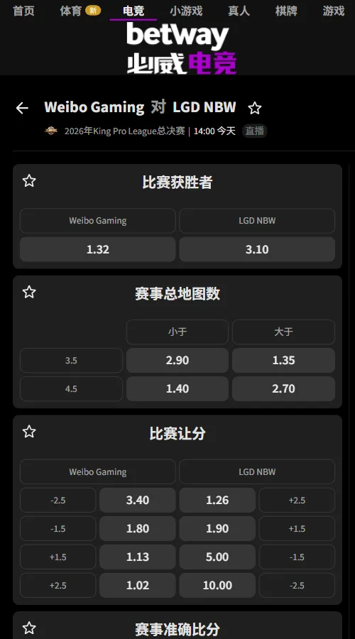 北京WB vs 杭州LGD.NBW - KPL年度总决赛赔率(必威Betway)
