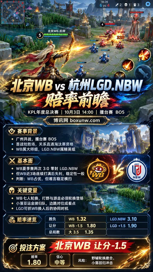 王者荣耀后羿第三人称战斗画面,北京WB对阵杭州LGD.NBW的KPL年度总决赛信息海报,展示交锋战绩、轮换变量与让分赔率。