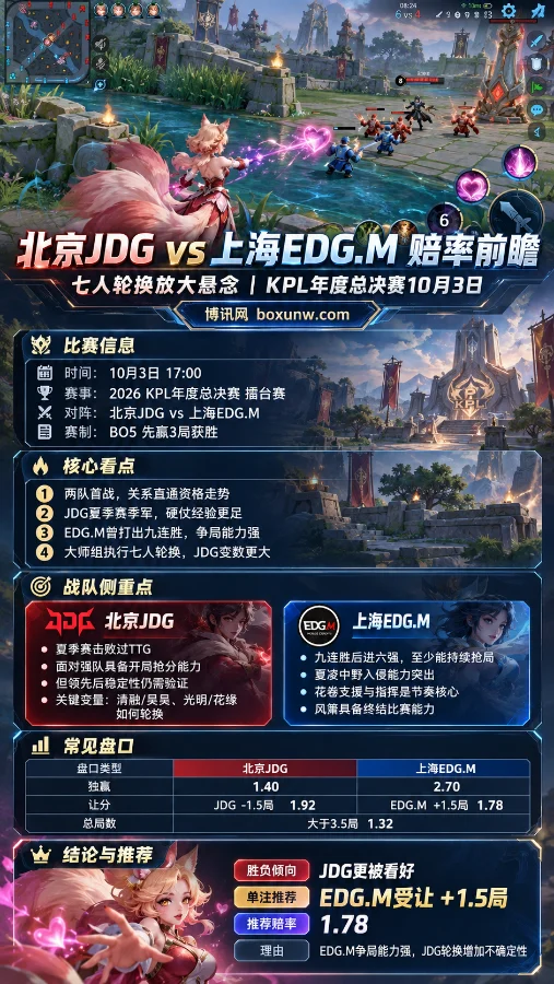 王者荣耀妲己第三人称战场海报，展示北京JDG对阵上海EDG.M的比赛信息、七人轮换看点及EDG.M受让+1.5局赔率1.78。