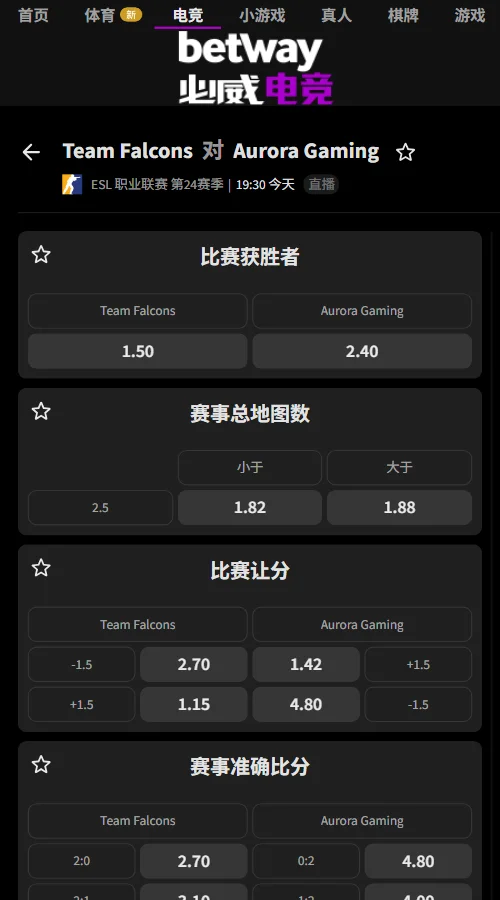 Falcons vs Aurora - ESL职业联赛(EPL)S24赔率(必威Betway)