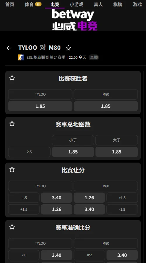 TYLOO vs M80 - ESL职业联赛(EPL)S24赔率(必威Betway)