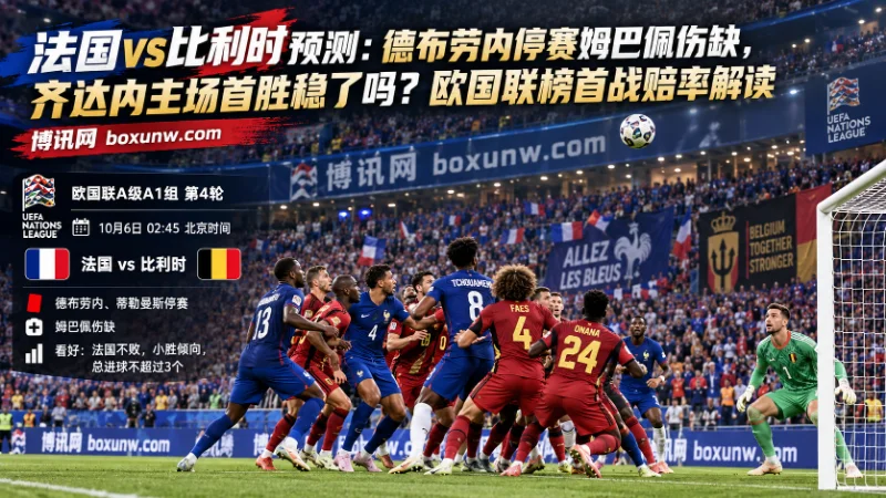 欧国联A1组榜首战，法国vs比利时。双方核心缺阵，法国有望延续6连胜并拿下主场首胜，但大概率是1球小胜，总进球不超过3个。