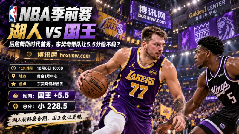 10月6日NBA季前赛，东契奇领衔湖人客战国王。湖人面临超6成阵容换血，仅剩8名旧将且逢背靠背。结合主力限时因素，本场看好国王守住+5.5受让分，总分低于228.5分。