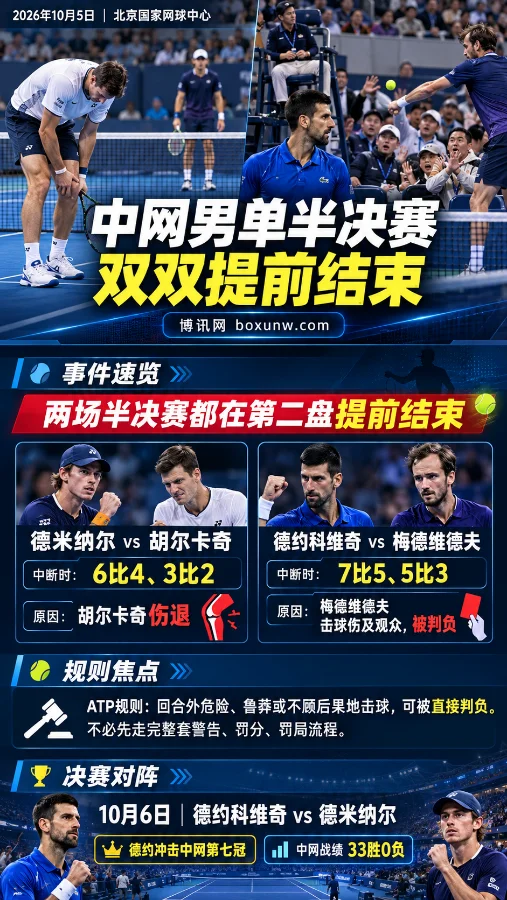 2026中网男单半决赛海报,胡尔卡奇伤退,梅德维德夫击球伤及观众被判负,德约科维奇与德米纳尔会师决赛