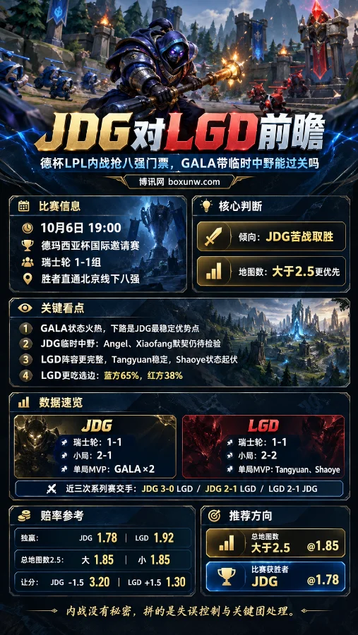 JDG对LGD德玛西亚杯前瞻海报,Jax正面出镜,展示比赛时间、双方数据、核心看点、赔率与推荐方向。