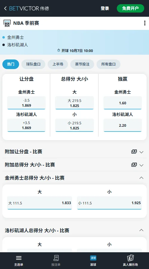 湖人vs勇士-NBA季前赛赔率盘口(伟德Betvictor)
