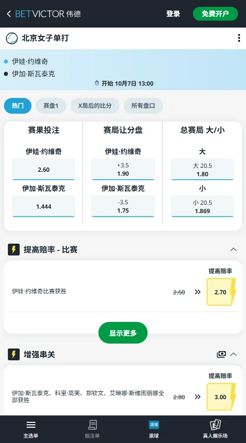 斯瓦泰克vs约维奇 - 中网女单赔率信息(伟德BetVictor)