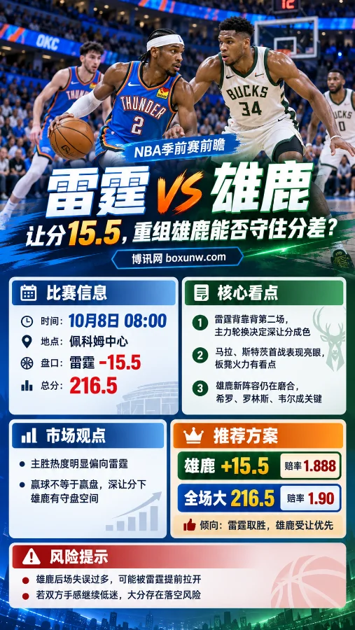 NBA季前赛雷霆对阵雄鹿海报,展示比赛时间、盘口15.5、总分216.5及雄鹿受让等核心赛前信息。