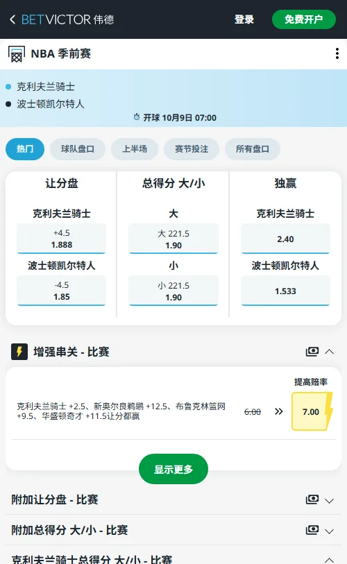 骑士vs凯尔特人-NBA季前赛绿军独赢赔率1.533（胜率61.5%），客让-5.5（赔率1.825）偏深；总分盘设为219.5（大分1.825），受让与大分更具支撑。