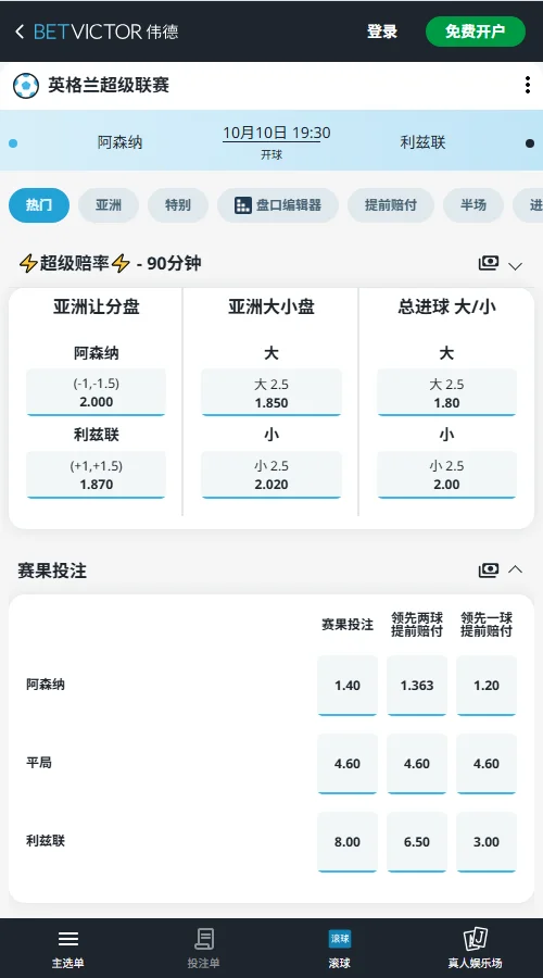 阿森纳vs利兹联,英超赔率(伟德BetVictor),赔率数据分析:亚指开出阿森纳让1.25球(2.00),利兹联受让+1.25(1.87);小2.5球赔率2.02。当前数据与基本面更利好客队受让及小球打出。