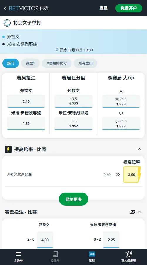 郑钦文vs安德列娃 - 中网决赛(伟德BetVictor)开出安德列娃1.50对郑钦文2.40,客队赢面约6成。但郑钦文受让+3.5局(1.727)与大21.5总局数(1.833)的组合,说明机构预判分差微小,战况必将拉锯。