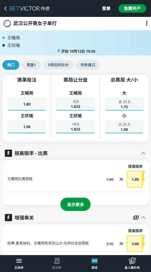 王曦雨vs王欣瑜 - WTA武汉公开赛(伟德BetVictor)胜负赔率王曦雨1.80对王欣瑜1.90,差距甚微;让分盘王曦雨-0.5局赔率1.833,总局数大21.5局赔率1.75,支持双方打入长盘拉锯。
