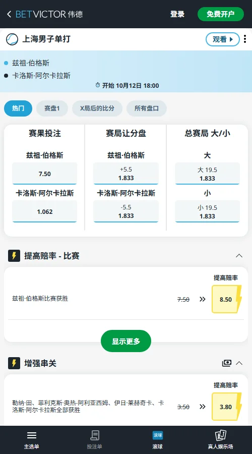 贝尔赫斯vs阿尔卡拉斯 - 上海大师赛(伟德BetVictor)开出贝尔赫斯受让+5.5赔率为1.833,全场总局数大19.5同样为1.833,数据显著倾向比利时人能紧咬比分并将总局数拖过20局。