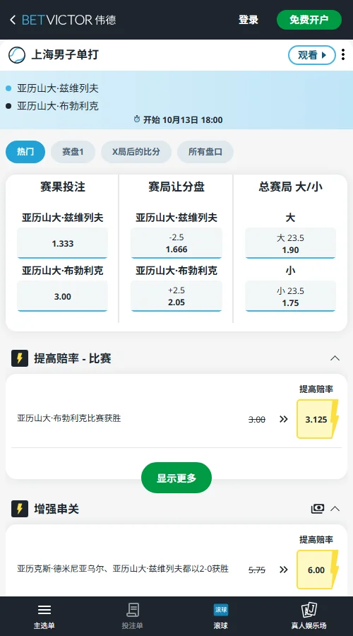兹维列夫vs布勃利克 - 上海大师赛(伟德BetVictor)独赢盘兹维列夫胜1.333、布勃利克3.00;让局端布勃利克受让+2.5局赔率2.05,全场总局数大于23.5局赔率达1.90。
